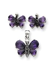 Sterling Silver Marcasite and Purple CZ Earring and Pendent Set