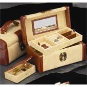 Two Tone Brown Leather & Beige Ultra Suede Jewelry Box Case With Travel Tray