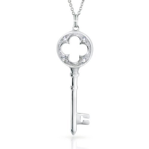 Valentines Day Bling Jewelry Sterling Silver Pave CZ Stencil Clover Key Pendant with 18 Chain