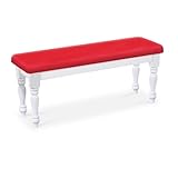 Wood Country Style White Farmhouse Dining Bench with Red Vinyl Cushion