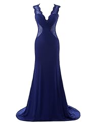 V-neck Chiffon Mermaid Lace Cutout Sheer Evening Dress/Prom Dress  with a Brush/Sweep Train 