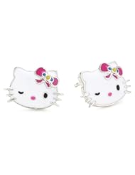 Hello Kitty by Simmons Jewelry Co. "Flirty Kitty" White Rhodium Plated Enamel Fill Stud Earrings