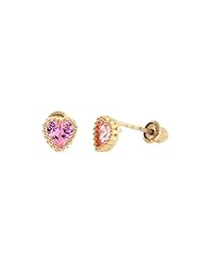 14k Yellow gold, Pink color AAA Grade CZ Heart shape baby earrings with Screw-back