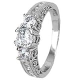 Sterling Silver Three Stone Engagement Ring With Round Cubic Zirconias and small Side stones