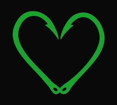 FISH HOOKS HEART Love Fishing 5" (color: GREEN) Vinyl Decal Window Sticker for Cars, Trucks, Windows, Walls, Laptops, and other stuff.