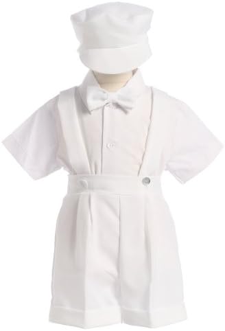 White Christening Baptism Suspenders and Short Set with Hat
