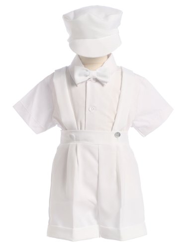 White Christening Baptism Suspenders and Short Set with Hat