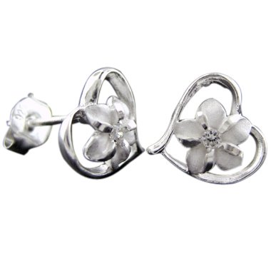 925 Silver Plumeria In Heart Stud Earrings Hawaiian Jewelry