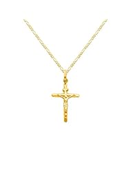 14K Yellow Gold Crucifix Cross Charm Pendant with Yellow Gold 1.6mm Figaro Chain Necklace with Spring Clasp - Pendant Necklace Combination (Different Chain Lengths Available)