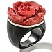 Gift Boxed Large Red Sponge Coral Carved Rose, Sterling Silver, and Black Onyx Band Ring (Size 5,6,7,8,9,10,11)