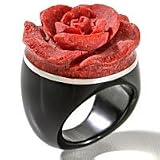 Gift Boxed Large Red Sponge Coral Carved Rose, Sterling Silver, and Black Onyx Band Ring (Size 5,6,7,8,9,10,11)