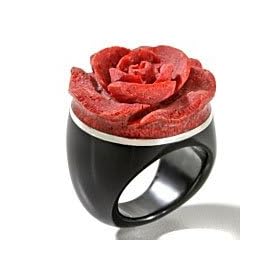 Gift Boxed Large Red Sponge Coral Carved Rose, Sterling Silver, and Black Onyx... by