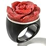 Gift Boxed Large Red Sponge Coral Carved Rose, Sterling Silver, and Black Onyx Band Ring (Size 5,6,7,8,9,10,11)