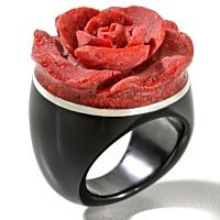 Childrens Toyshop  Jewelry : Gift Boxed Large Red Sponge Coral Carved Rose, Sterling Silver, and Black Onyx Band Ring (Size 5,6,7,8,9,10,11)