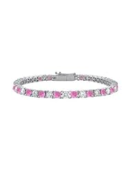 Created Pink Sapphire and Cubic Zirconia Prong Set 10K White Gold Tennis Bracelet 2.00 CT TGW