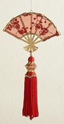 Asian Fusion Red & Gold Oriental Hand Fan with Tassels Christmas Ornament 9"