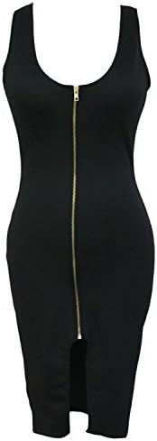 Toxic Club Women's Black Gold Zipper Front Plunge Midi Dress Black