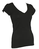 Ladies Black Plain T-Shirt Round V-Neck Cap Sleeves, Cotton Spandex