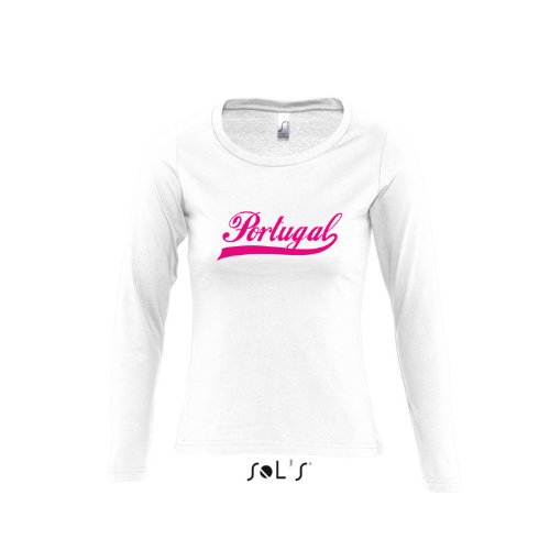 Portugal Oldschool LÄNDERSHIRT EM / WM FAN Trikot – Damen Langarm Longsleeve T-Shirt S-XL , White – pink , S