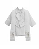 White Christian Baby Boy Tuxedo Suit, Amoeba Pattern, Silver Maria Guadalupe Embroidered, Shirt, Tailcoat, Vest, Bowtie, Pants, Scarf
