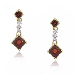 Garnet & Diamond Earrings Dangling in 14K Solid Yellow Gold