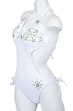 White Halter Tie Side Bottom Sequins Monokini Swimsuit with Removable Soft Pads