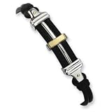 Stainless Steel Black Rubber and Leather 18k Gold Accent Bracelet SRB251-8.25