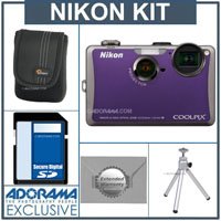 Nikon Coolpix S1100pj Digital Camera Kit - Violet - with 4GB SD Memory Card, Camera Case, Table Top Tripod, 2 Year Extended Service Coverage