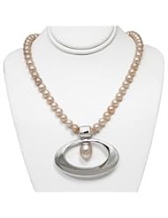 Pink Freshwater Pearl Strand with Wide Oval Sterling Silver Enhancer Pendant with Drop Pearl Accent