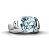 14K White Gold Genuine Round Aquamarine and Diamond Men's Men's Ring