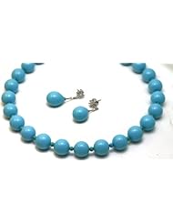 Turquoise Set Necklace and Earrings 14mm Royal Turquoise Mother of Pearl Based and Mathing Earrings with 0.30k G.v.v.s Brilliant Diamonds on 14k White Gold Earrings with Post
