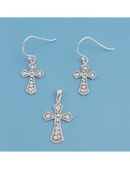 Sterling Silver High Fashion Religion Design Tile Cross Pendant and Earrings Jewelry Set