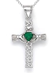 14kt White Gold Claddagh Cross Pendant with Simulated Emerald Heart - Chain Included