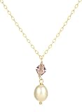 Gold Plated Sterling Silver Alexandrite Crystallized Swarovski Elements Bicone Bead and White Freshwater Cultured Pearl Drop Pendant Necklace, 18