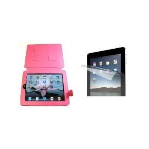 Pink Leather Flip Skin Case Cover For Apple iPad with 3X Clear Screen Protectors