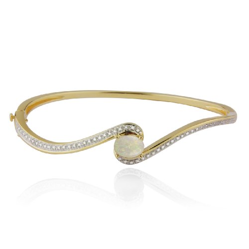 Yellow Gold Overlay Sterling Silver Opal and Diamond Bangle Bracelet