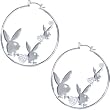 Officially Licensed Silver Plated Playboy Clear Rhinestone Hearts Hoop Earrings