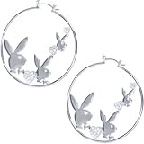 Officially Licensed Silver Plated Playboy Clear Rhinestone Hearts Hoop Earrings