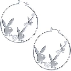 Officially Licensed Silver Plated Playboy Clear Rhinestone Hearts Hoop Earrings