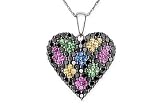 1 1/2 Carat Black Diamond, Green Garnet and Multi Sapphire 14K White Gold Pendant w/Chain
