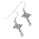 Sterling Silver Four-Point Celtic Knot North Star Hook Earrings with Rainbow Moonstone Teardrops