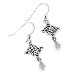 Sterling Silver Four-Point Celtic Knot North Star Hook Earrings with Rainbow Moonstone Teardrops
