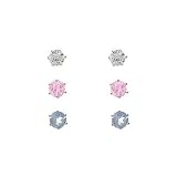 Sterling Silver 3mm Round Prong Set White CZ Pink CZ and Aqua Glass Tiny 3 Earring Set
