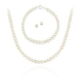 Sterling Silver 5.5-6mm Genuine Freshwater Cultured White Pearl Necklace Bracelet and Stud Earrings...