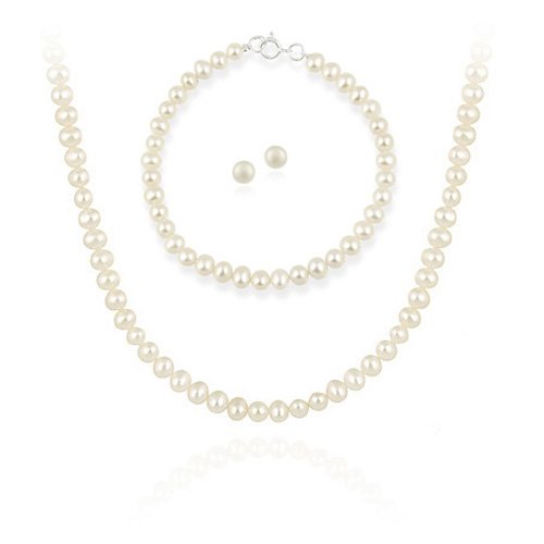 Sterling Silver 5.5-6mm Genuine Freshwater Cultured White Pearl Necklace Bracelet & Stud Earrings Set