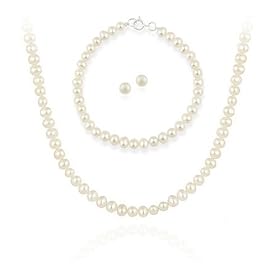 Sterling Silver 5.5-6mm Genuine Freshwater Cultured White Pearl Necklace Bracelet & Stud Earrings Set
