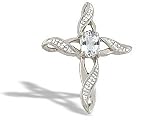 14K White Gold Genuine Oval White Topaz and Diamond Cross Pendant