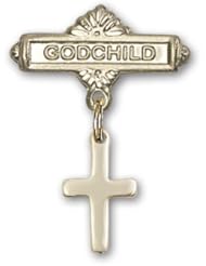 Gold Filled Baby Badge with Cross Charm and Godchild Badge Pin