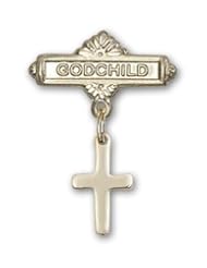 14K Gold Baby Badge with Cross Charm and Godchild Badge Pin