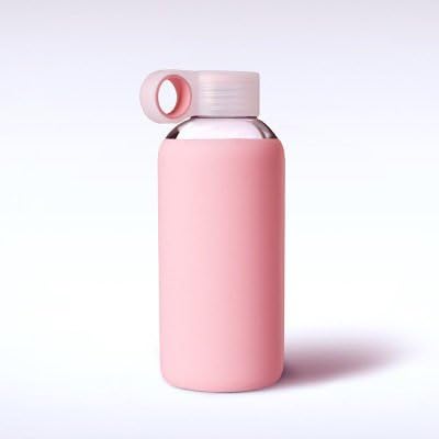 IRIES® Bottle: Glass Water Bottle Sport Pink Soft Silicone Sleeve 470ml + Bottle Brush